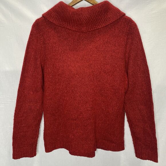 GNU Sweater Cable Knit Cowl Neck Long Sleeve Pockets Acrylic Womens M Red - Picture 2 of 8